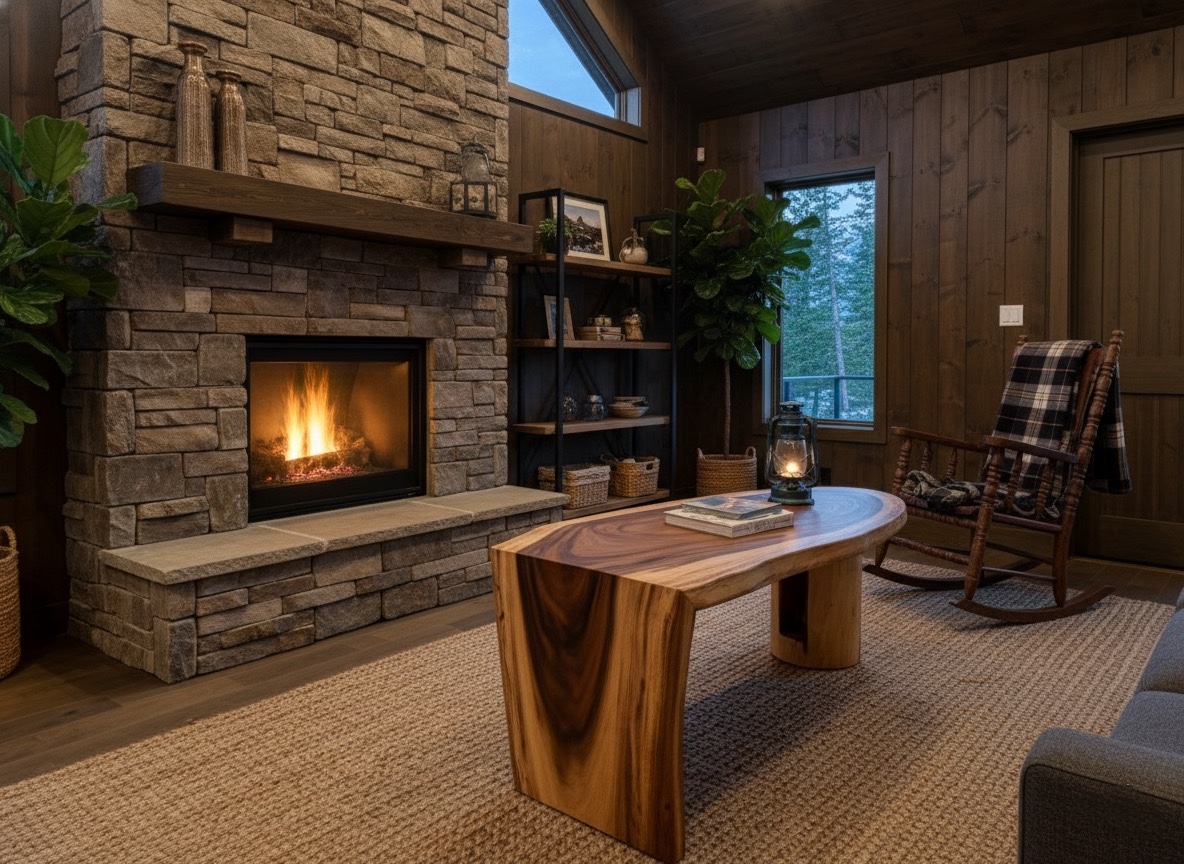 Acacia waterfall edge dining table in cabin setting