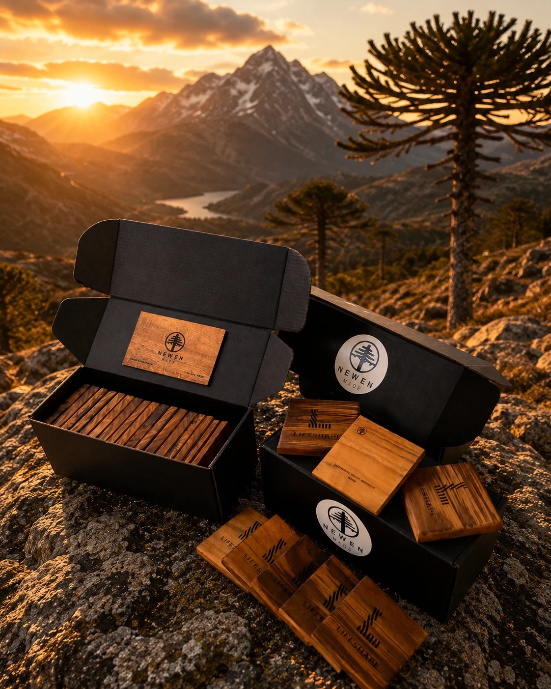 Laser-branded swamp teak corporate gift coasters in Newen Made gift boxes
