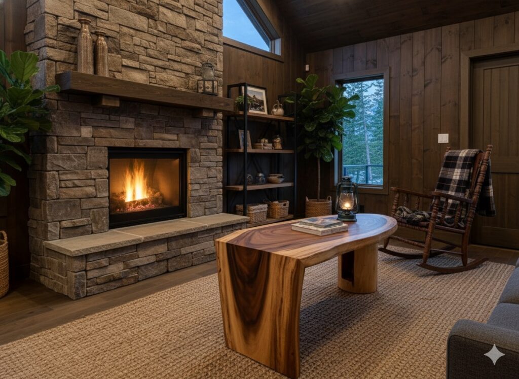 Custom wood table by fireplace